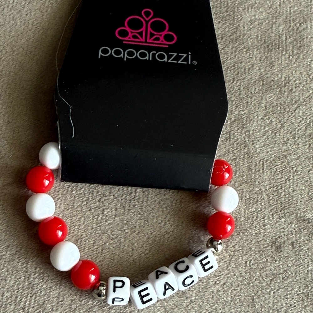 Paparazzi Red & White PEACE Stretch Bracelet